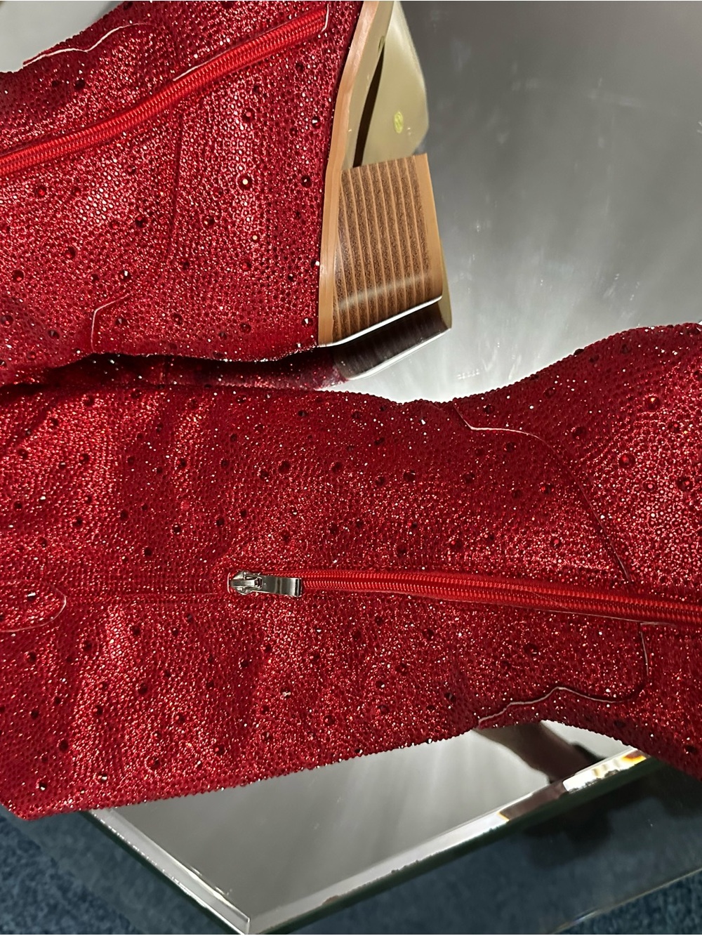 Women's Red Embellished Mid-Calf Heeled Boots. Rhinestone - Picture 8 of 9